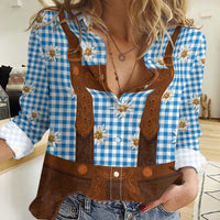 Traditional German Costume - Lederhosen Women Casual Shirt Blue Plaid Pattern with Edelweiss Flowers - Wonder Print Shop