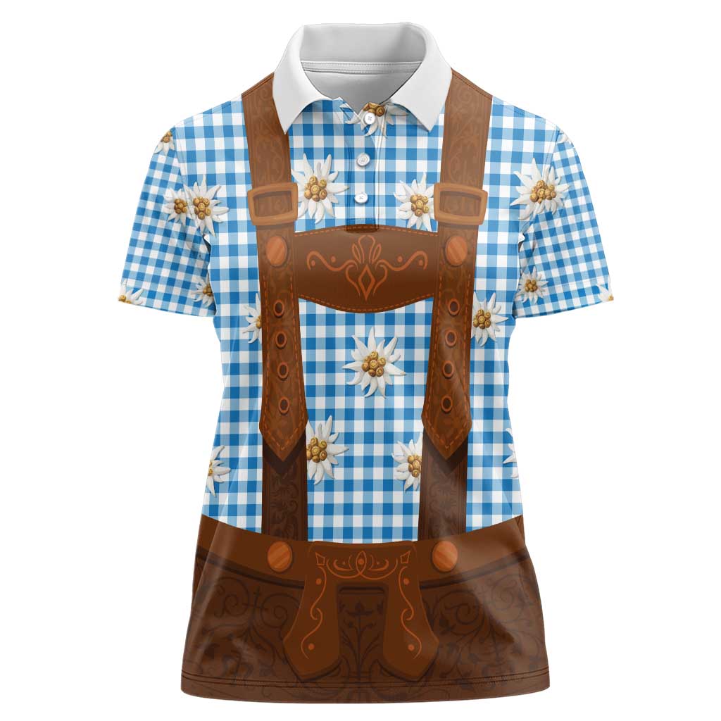 Traditional German Costume - Lederhosen Women Polo Shirt Blue Plaid Pattern with Edelweiss Flowers - Wonder Print Shop