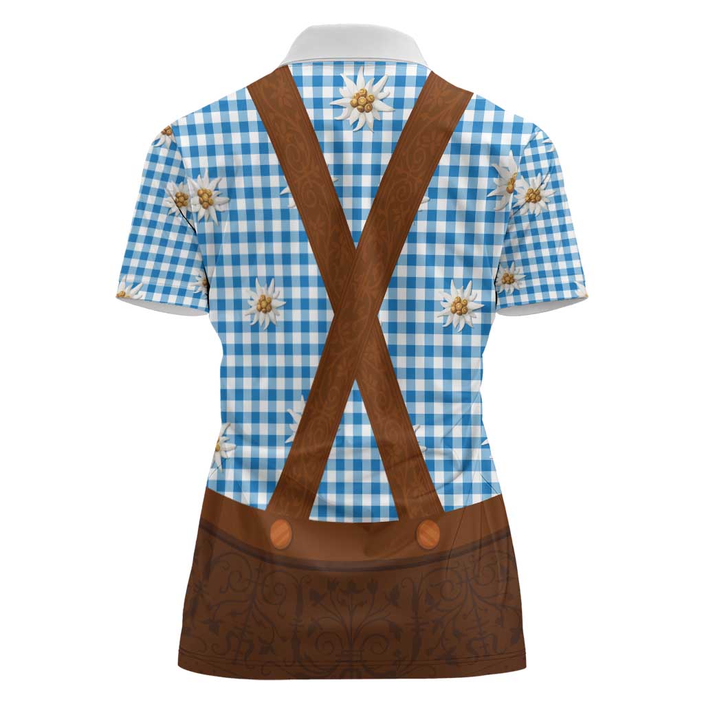 Traditional German Costume - Lederhosen Women Polo Shirt Blue Plaid Pattern with Edelweiss Flowers - Wonder Print Shop