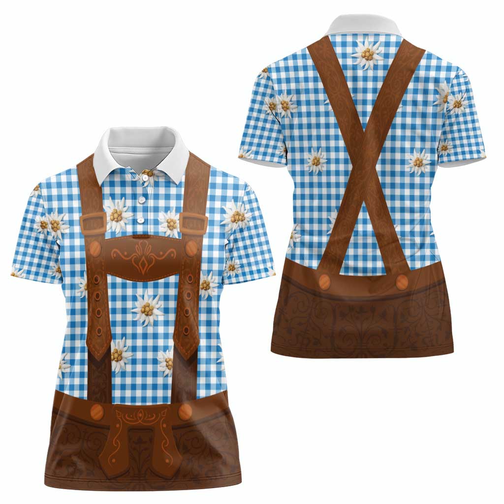 Traditional German Costume - Lederhosen Women Polo Shirt Blue Plaid Pattern with Edelweiss Flowers - Wonder Print Shop