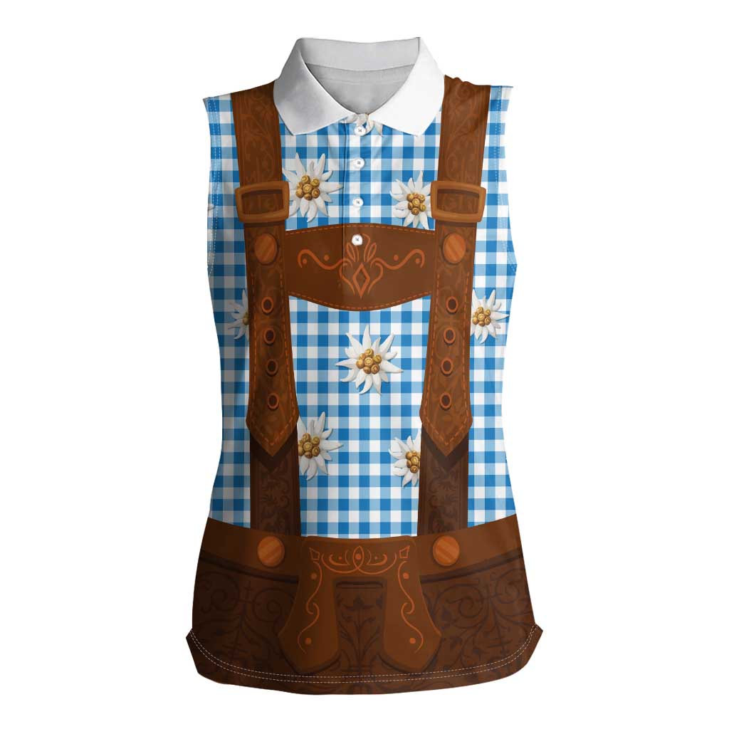 Traditional German Costume - Lederhosen Women Sleeveless Polo Shirt Blue Plaid Pattern with Edelweiss Flowers - Wonder Print Shop