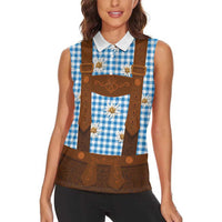 Traditional German Costume - Lederhosen Women Sleeveless Polo Shirt Blue Plaid Pattern with Edelweiss Flowers - Wonder Print Shop