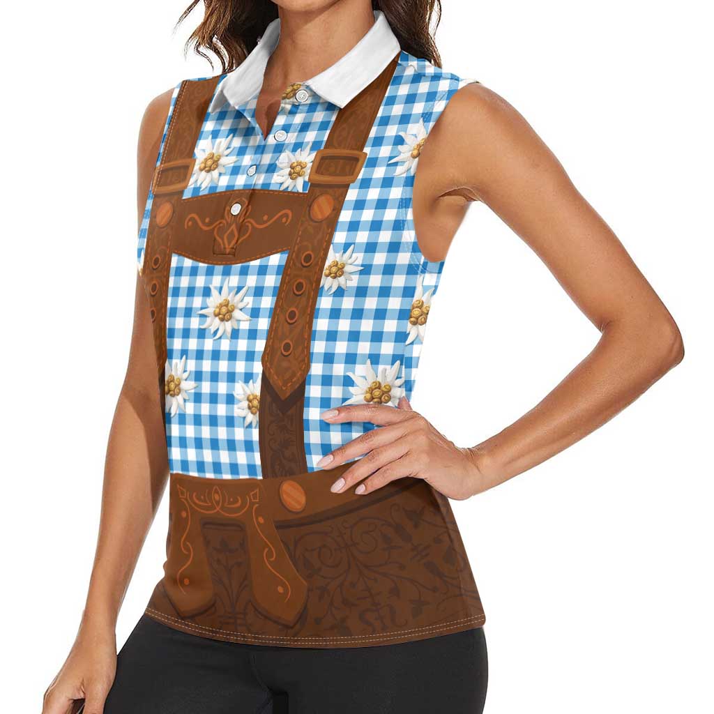 Traditional German Costume - Lederhosen Women Sleeveless Polo Shirt Blue Plaid Pattern with Edelweiss Flowers - Wonder Print Shop