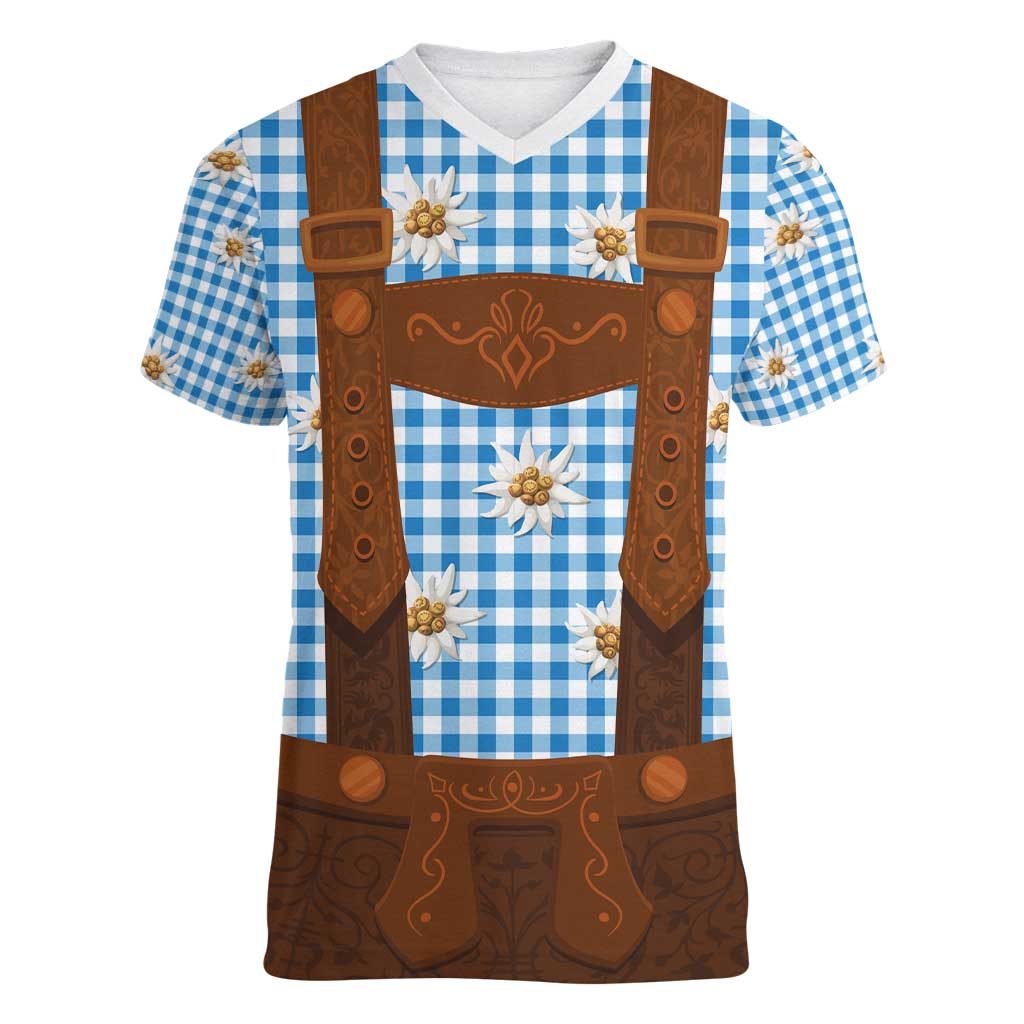 Traditional German Costume - Lederhosen Women V-Neck T-Shirt Blue Plaid Pattern with Edelweiss Flowers - Wonder Print Shop