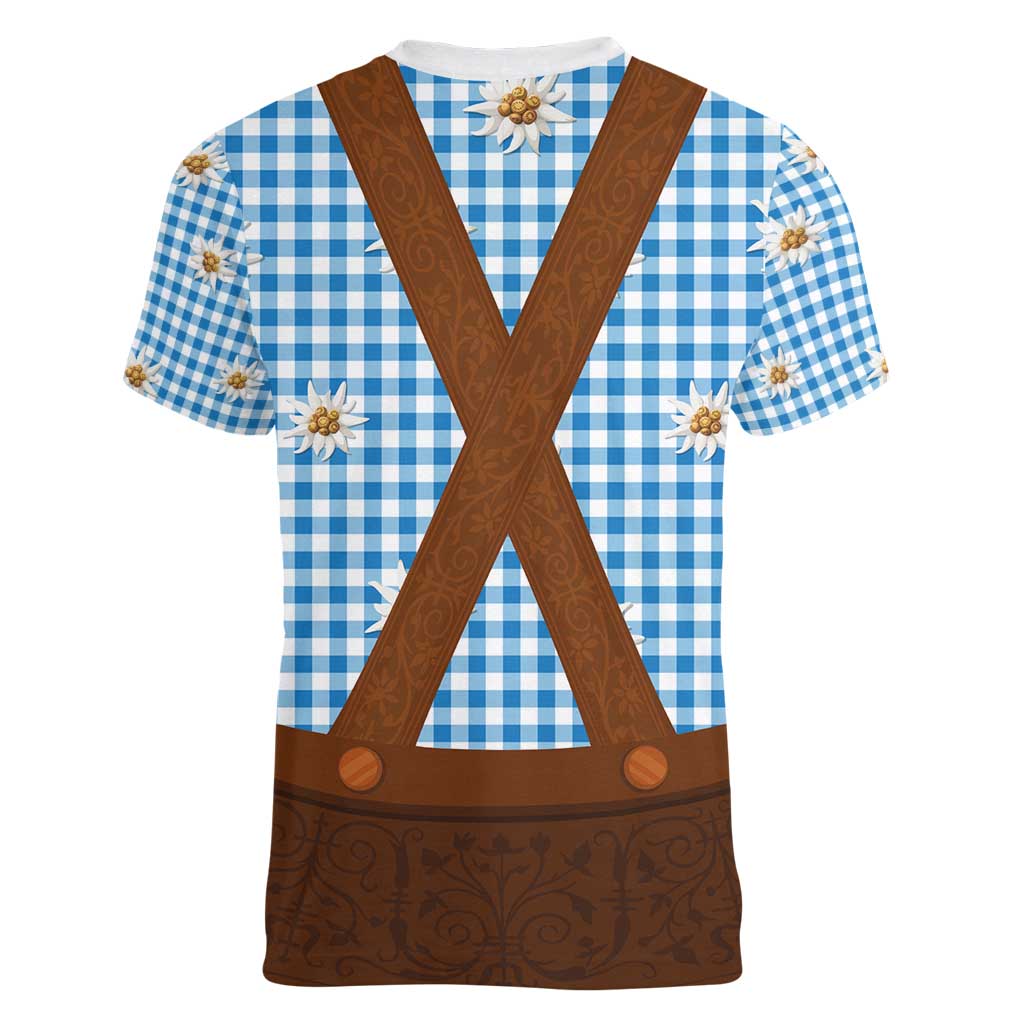 Traditional German Costume - Lederhosen Women V-Neck T-Shirt Blue Plaid Pattern with Edelweiss Flowers - Wonder Print Shop