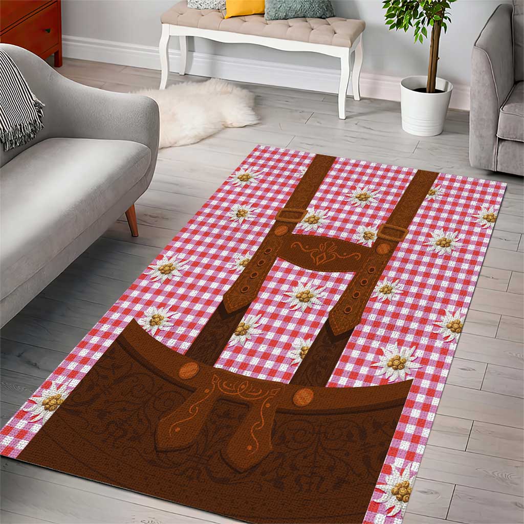 Traditional German Costume - Lederhosen Area Rug Red Plaid Pattern with Edelweiss Flowers - Wonder Print Shop