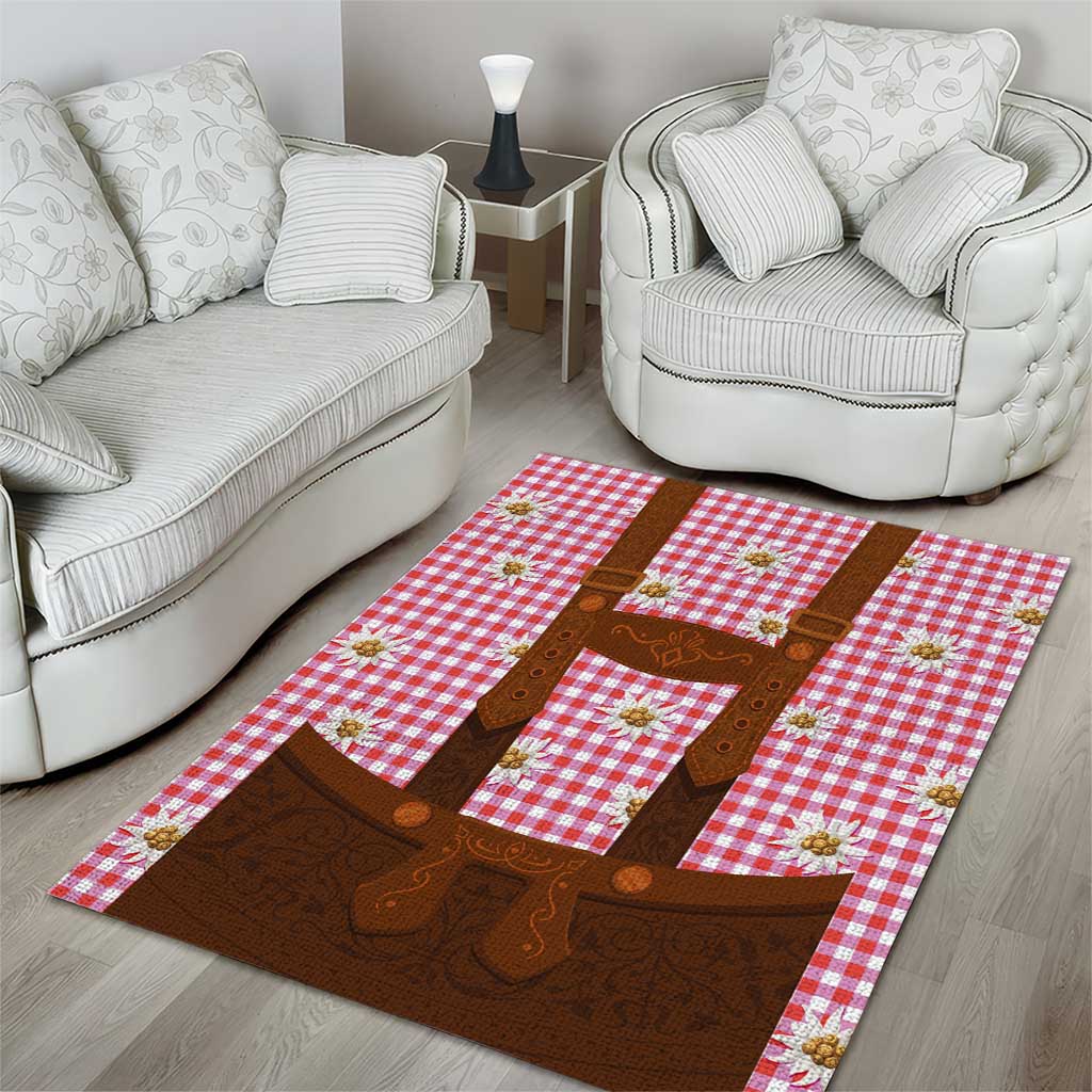 Traditional German Costume - Lederhosen Area Rug Red Plaid Pattern with Edelweiss Flowers - Wonder Print Shop
