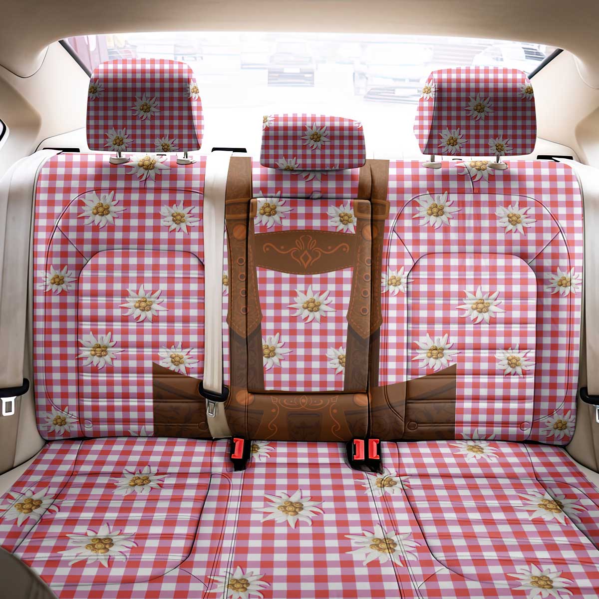 Traditional German Costume - Lederhosen Back Car Seat Cover Red Plaid Pattern with Edelweiss Flowers - Wonder Print Shop