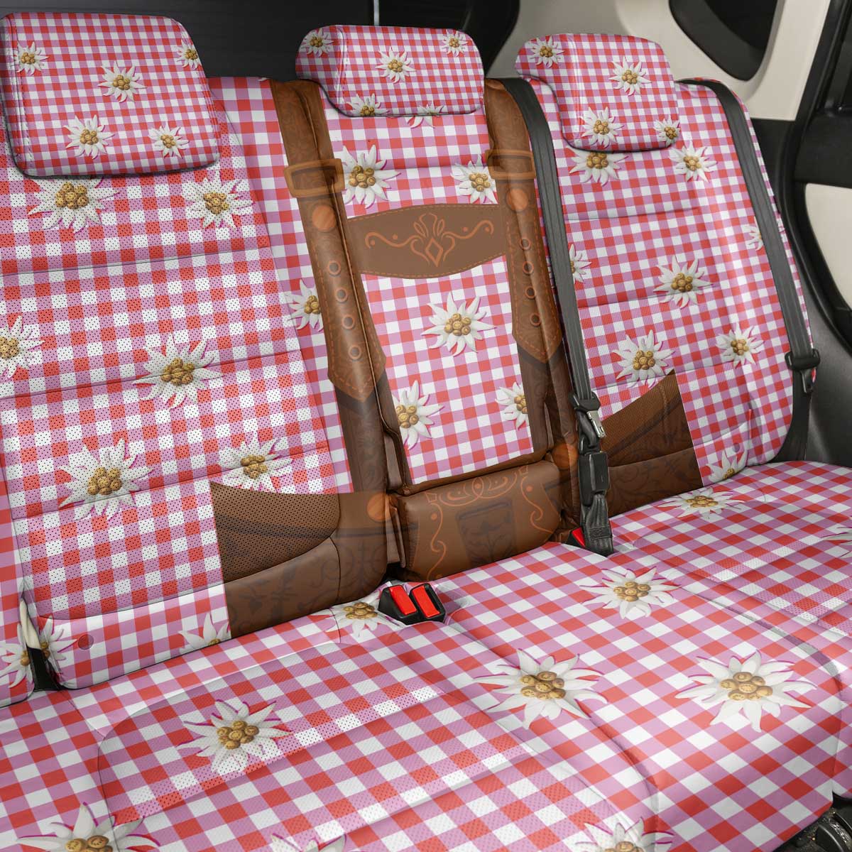 Traditional German Costume - Lederhosen Back Car Seat Cover Red Plaid Pattern with Edelweiss Flowers - Wonder Print Shop