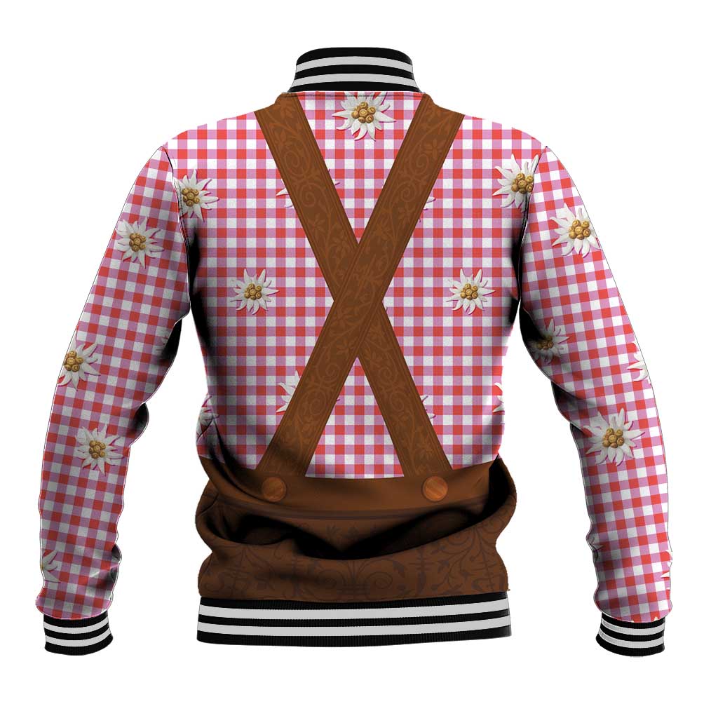 Traditional German Costume - Lederhosen Baseball Jacket Red Plaid Pattern with Edelweiss Flowers - Wonder Print Shop