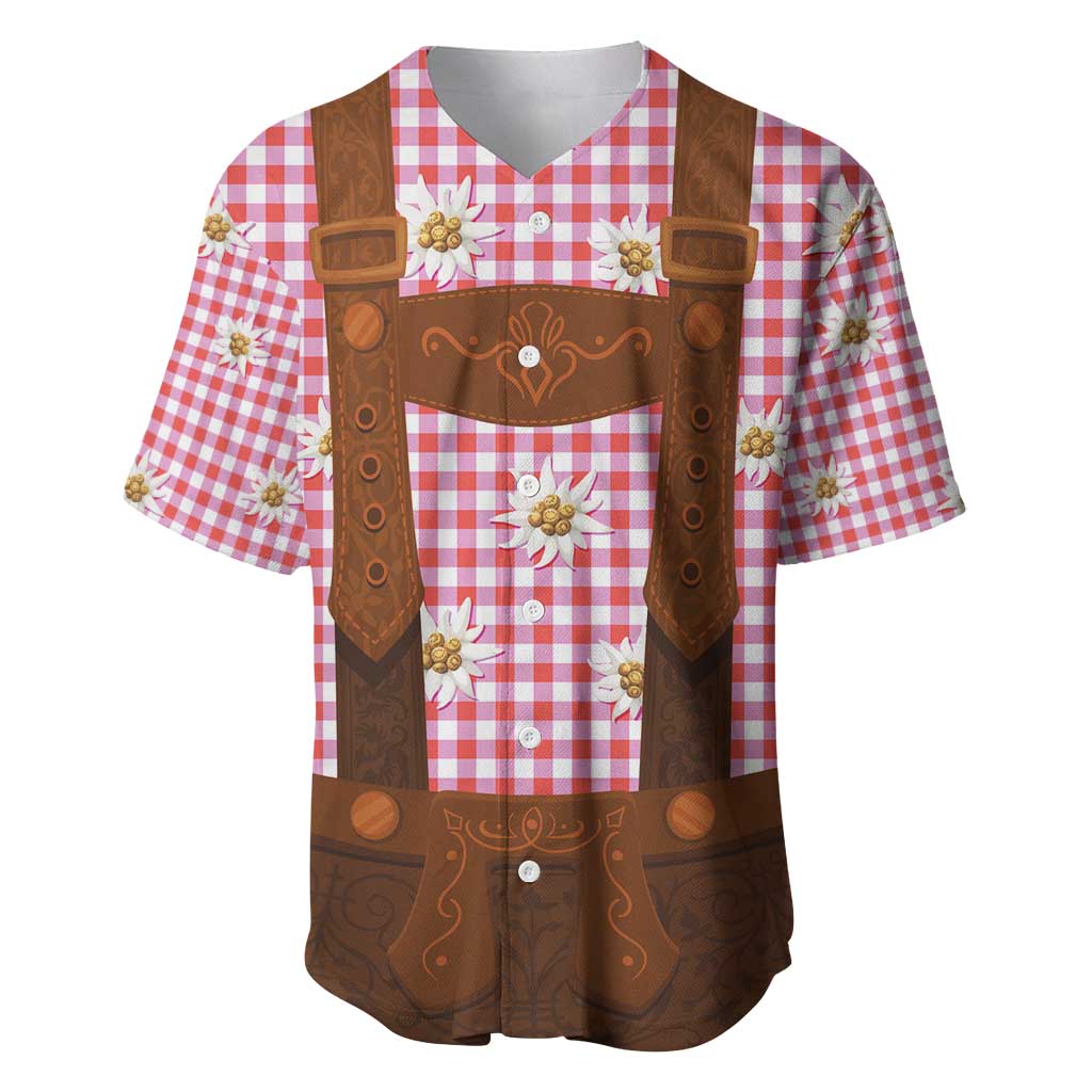 Traditional German Costume - Lederhosen Baseball Jersey Red Plaid Pattern with Edelweiss Flowers - Wonder Print Shop