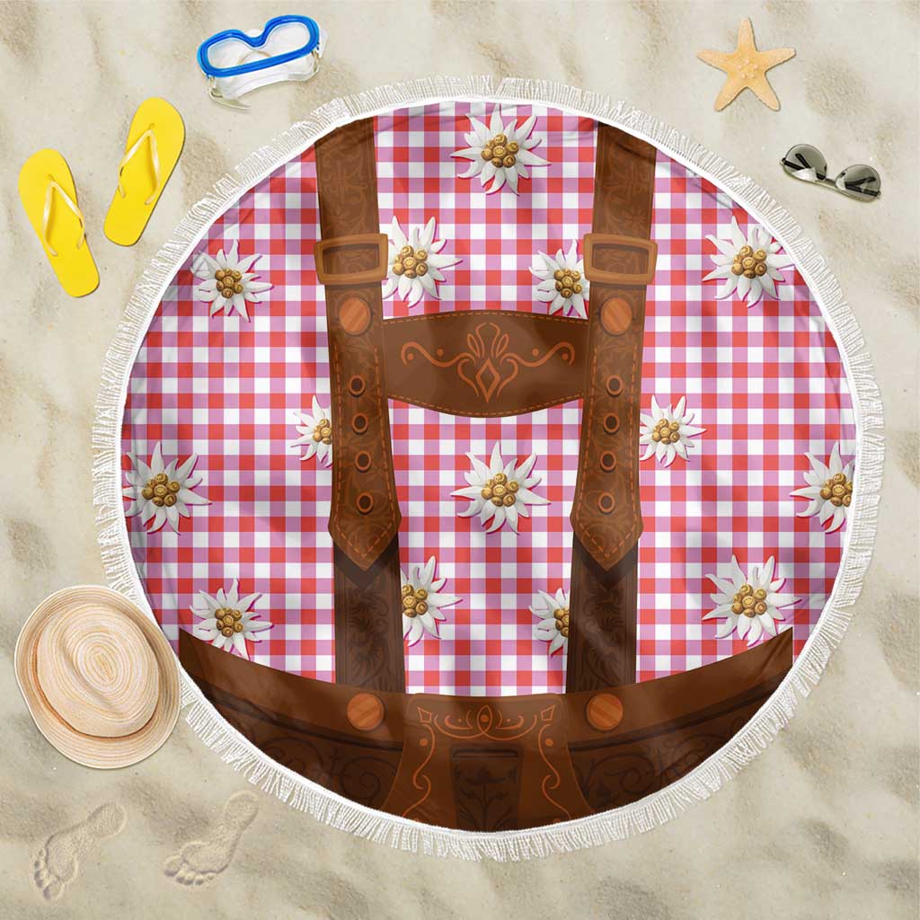 Traditional German Costume - Lederhosen Beach Blanket Red Plaid Pattern with Edelweiss Flowers - Wonder Print Shop