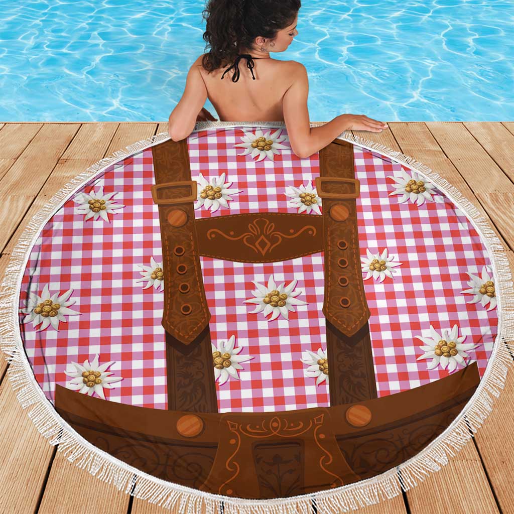 Traditional German Costume - Lederhosen Beach Blanket Red Plaid Pattern with Edelweiss Flowers - Wonder Print Shop