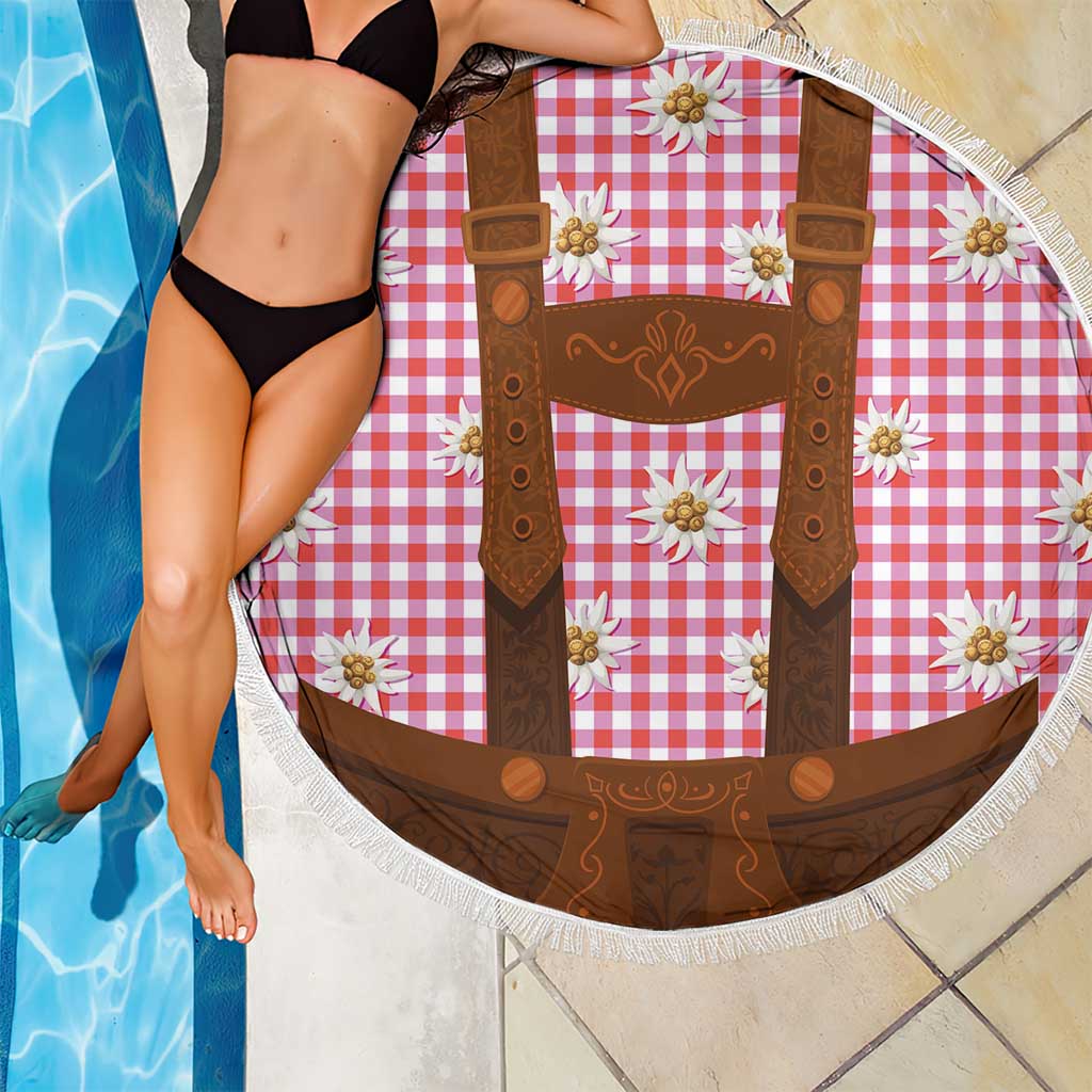 Traditional German Costume - Lederhosen Beach Blanket Red Plaid Pattern with Edelweiss Flowers - Wonder Print Shop