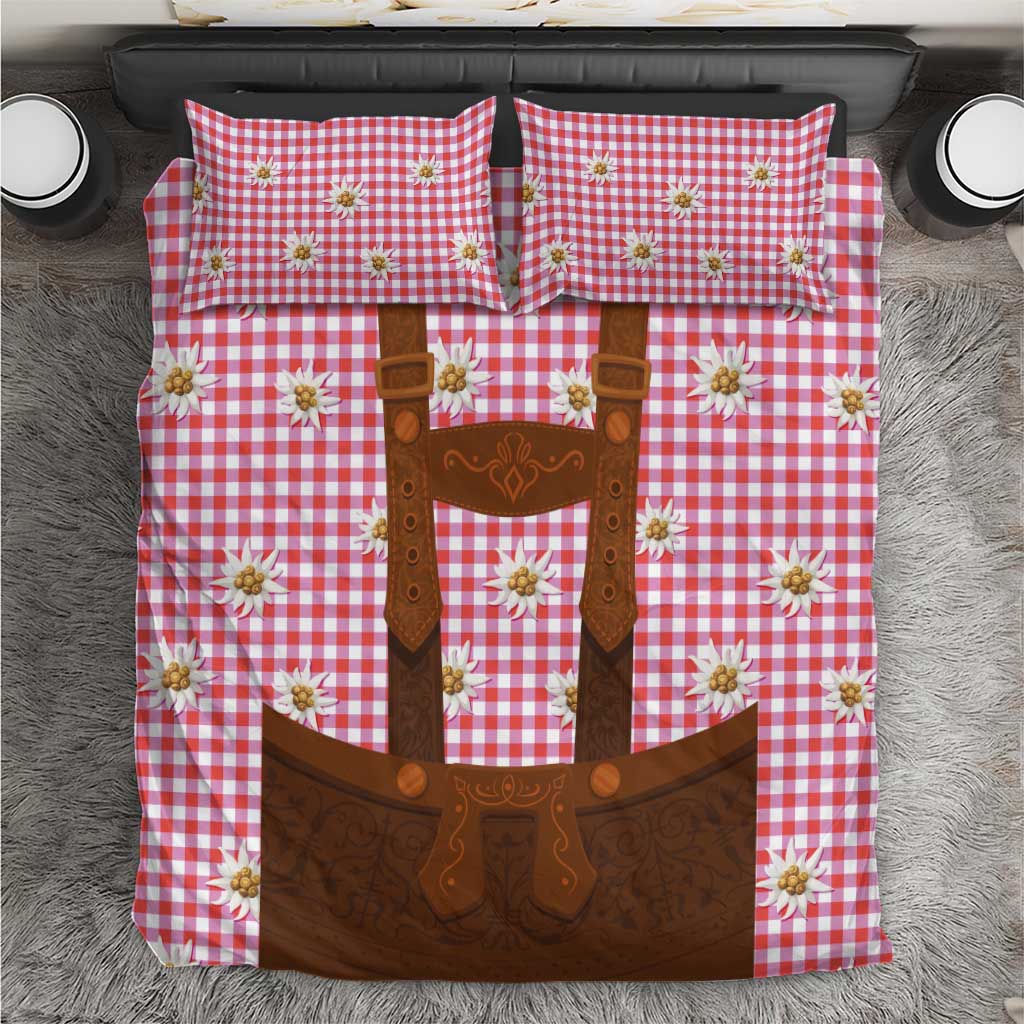 Traditional German Costume - Lederhosen Bedding Set Red Plaid Pattern with Edelweiss Flowers - Wonder Print Shop