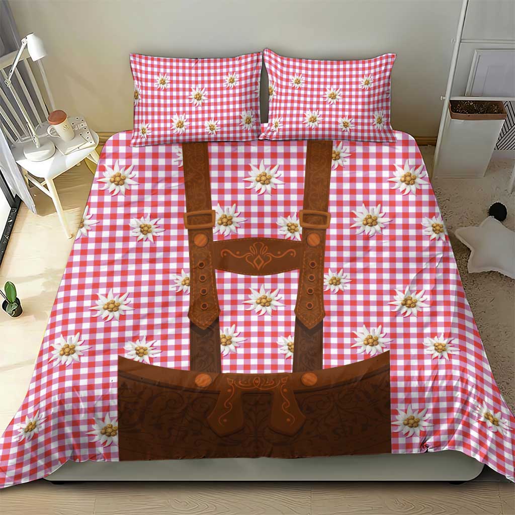 Traditional German Costume - Lederhosen Bedding Set Red Plaid Pattern with Edelweiss Flowers - Wonder Print Shop