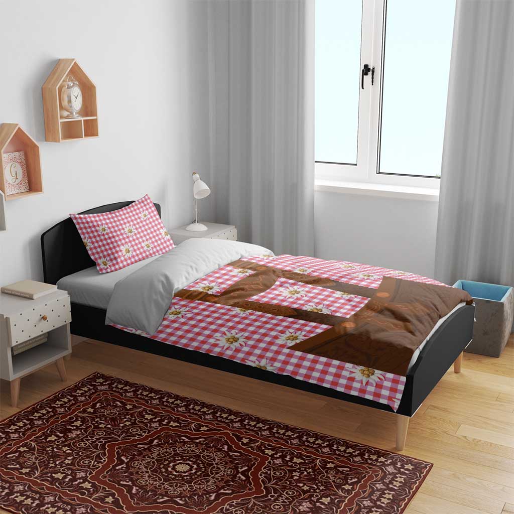 Traditional German Costume - Lederhosen Bedding Set Red Plaid Pattern with Edelweiss Flowers - Wonder Print Shop