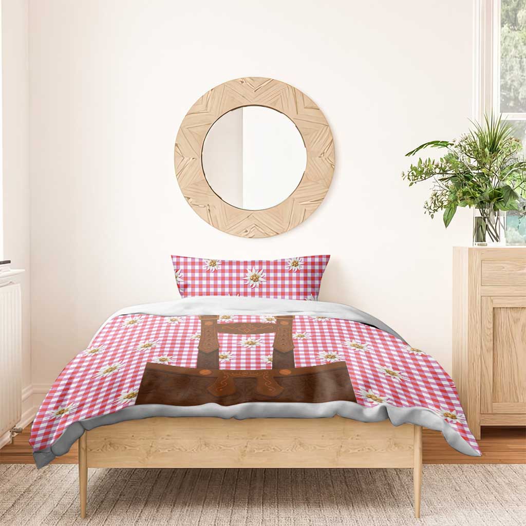 Traditional German Costume - Lederhosen Bedding Set Red Plaid Pattern with Edelweiss Flowers - Wonder Print Shop