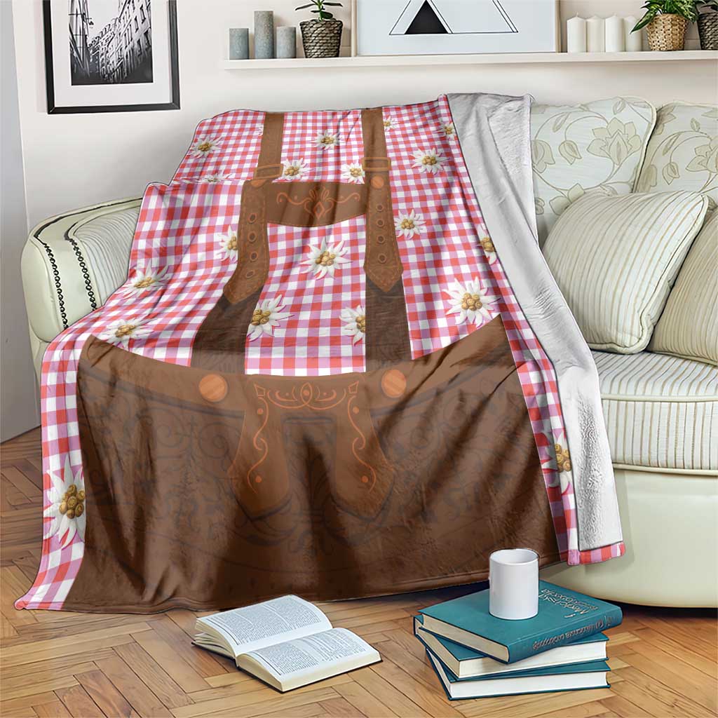 Traditional German Costume - Lederhosen Blanket Red Plaid Pattern with Edelweiss Flowers