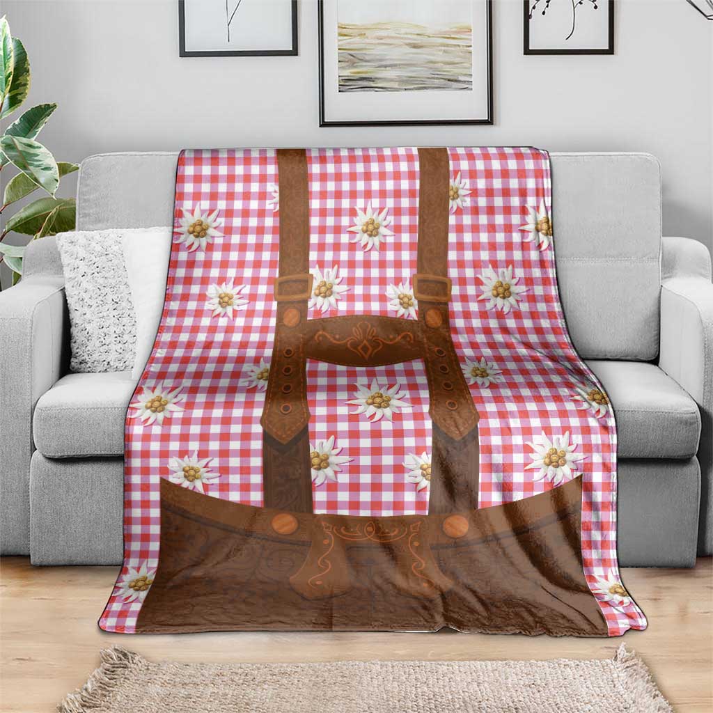 Traditional German Costume - Lederhosen Blanket Red Plaid Pattern with Edelweiss Flowers