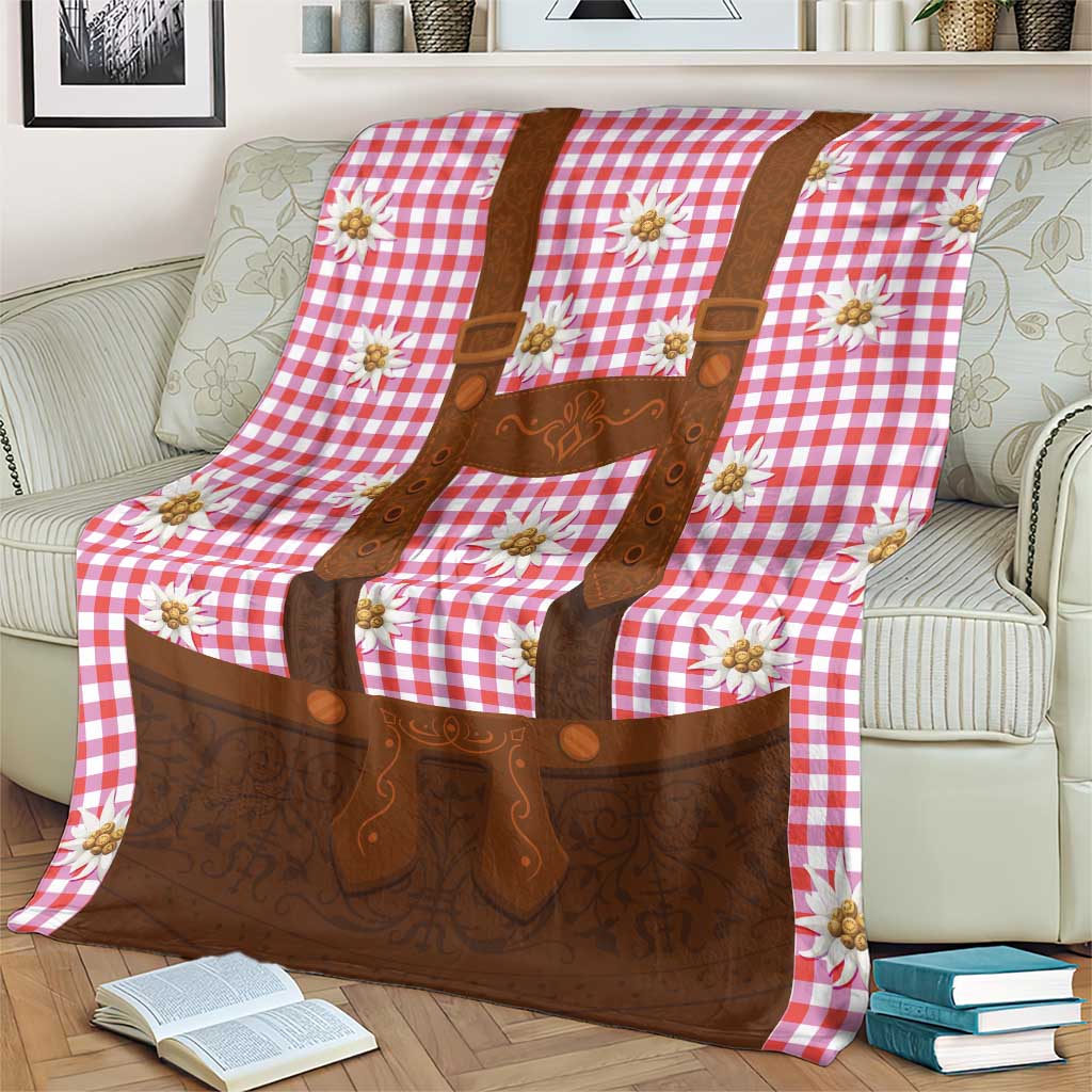 Traditional German Costume - Lederhosen Blanket Red Plaid Pattern with Edelweiss Flowers