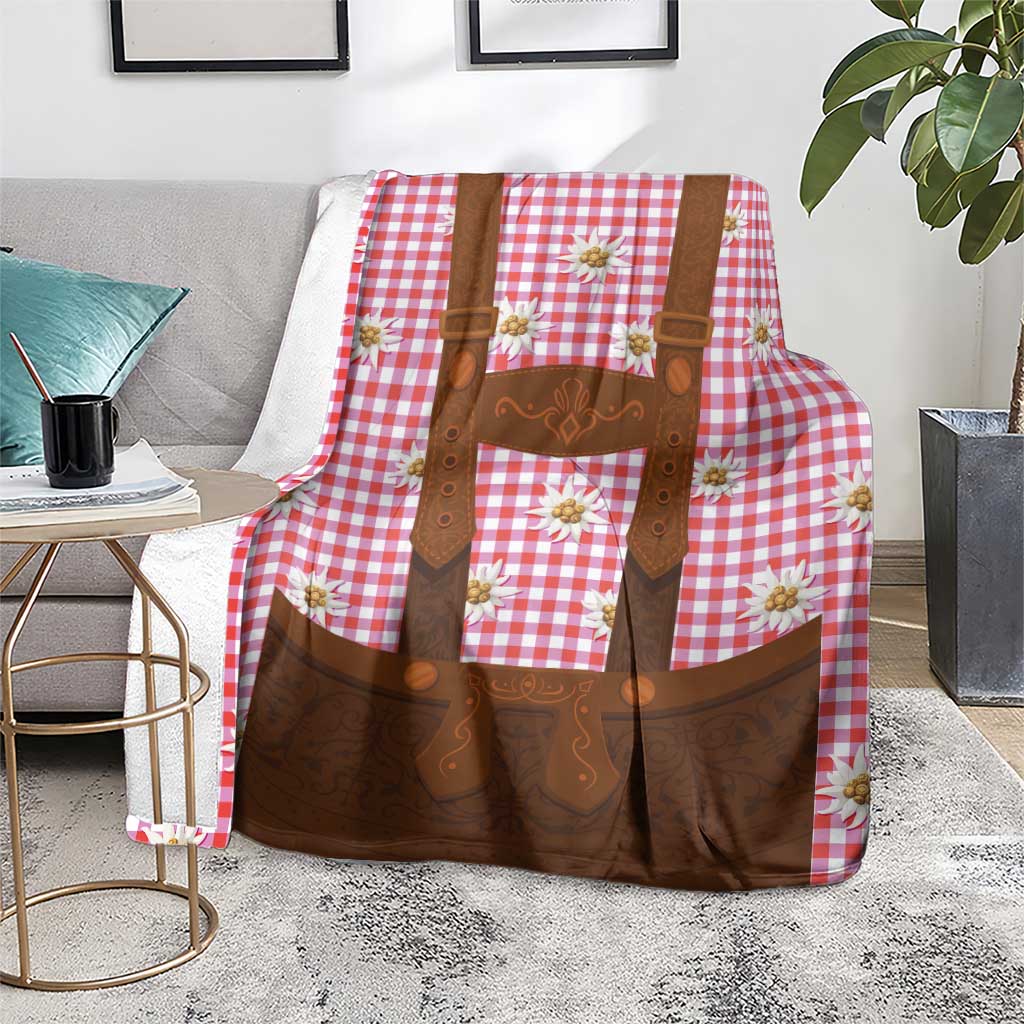 Traditional German Costume - Lederhosen Blanket Red Plaid Pattern with Edelweiss Flowers