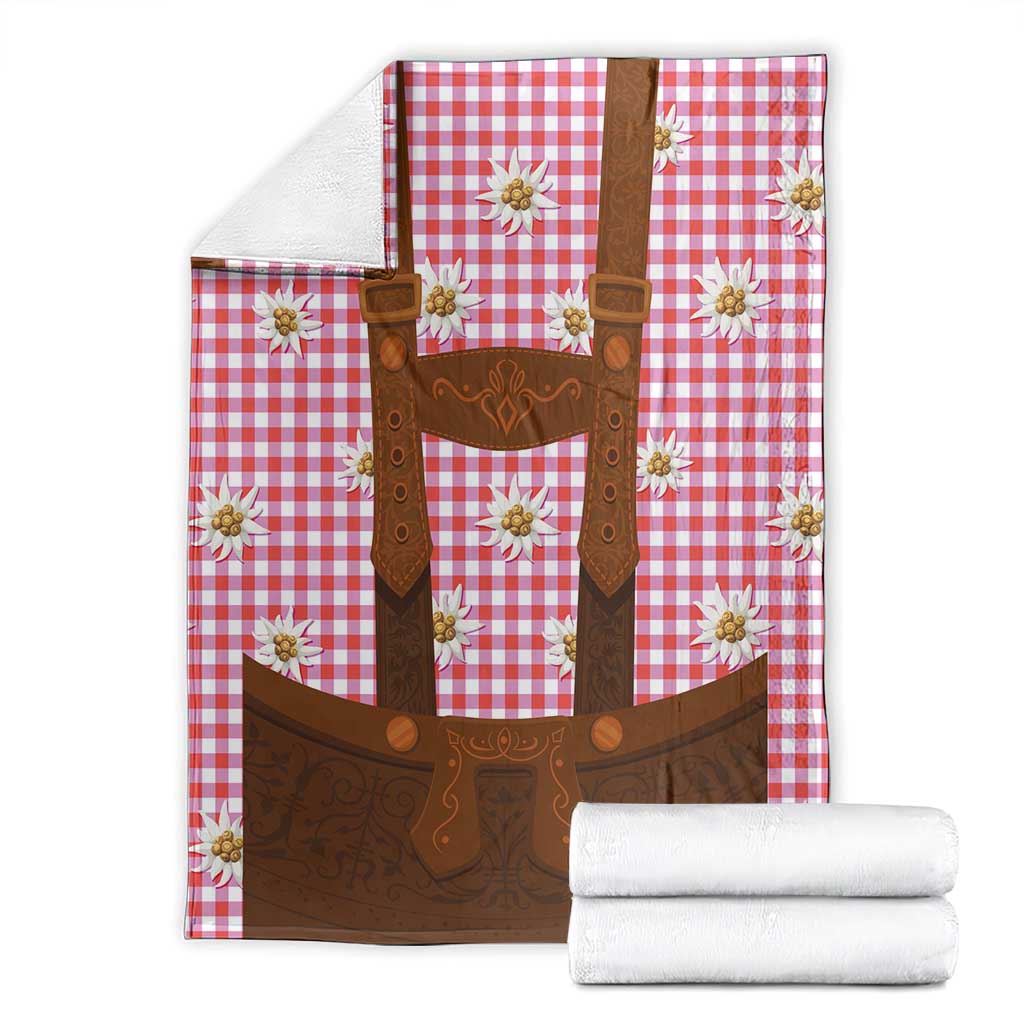 Traditional German Costume - Lederhosen Blanket Red Plaid Pattern with Edelweiss Flowers