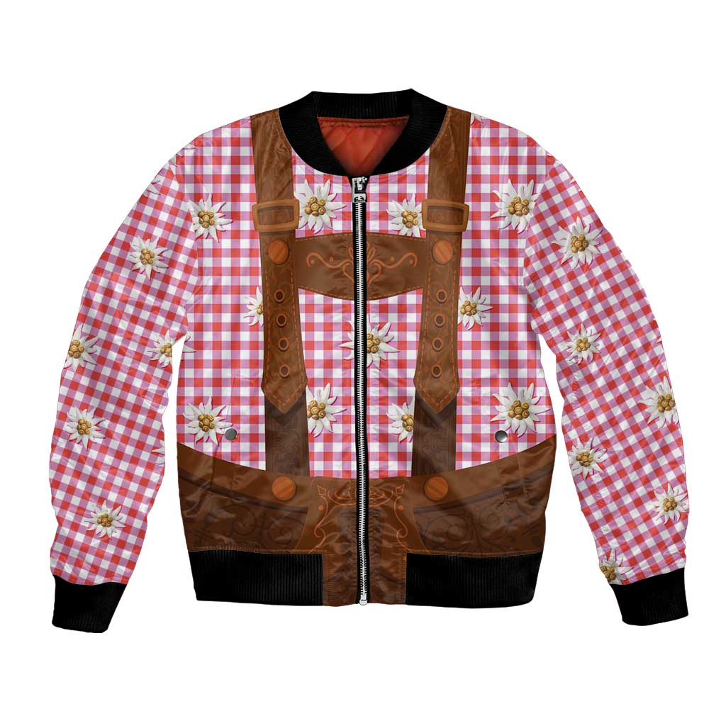 Traditional German Costume - Lederhosen Bomber Jacket Red Plaid Pattern with Edelweiss Flowers - Wonder Print Shop