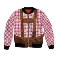 Traditional German Costume - Lederhosen Bomber Jacket Red Plaid Pattern with Edelweiss Flowers - Wonder Print Shop
