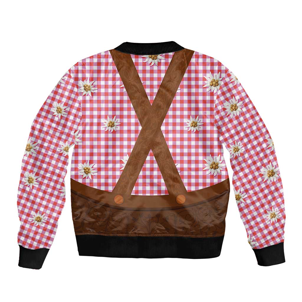 Traditional German Costume - Lederhosen Bomber Jacket Red Plaid Pattern with Edelweiss Flowers - Wonder Print Shop