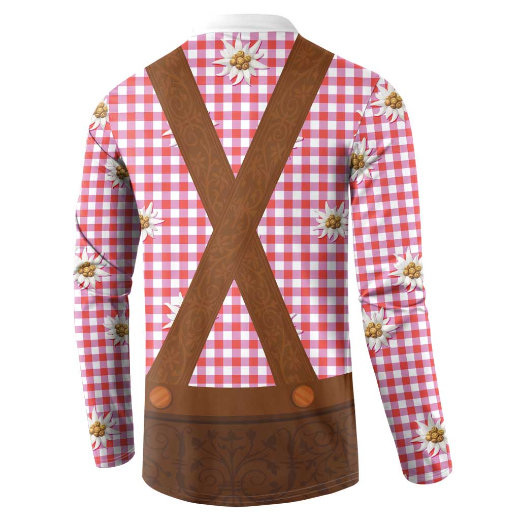 Traditional German Costume - Lederhosen Button Sweatshirt Red Plaid Pattern with Edelweiss Flowers - Wonder Print Shop