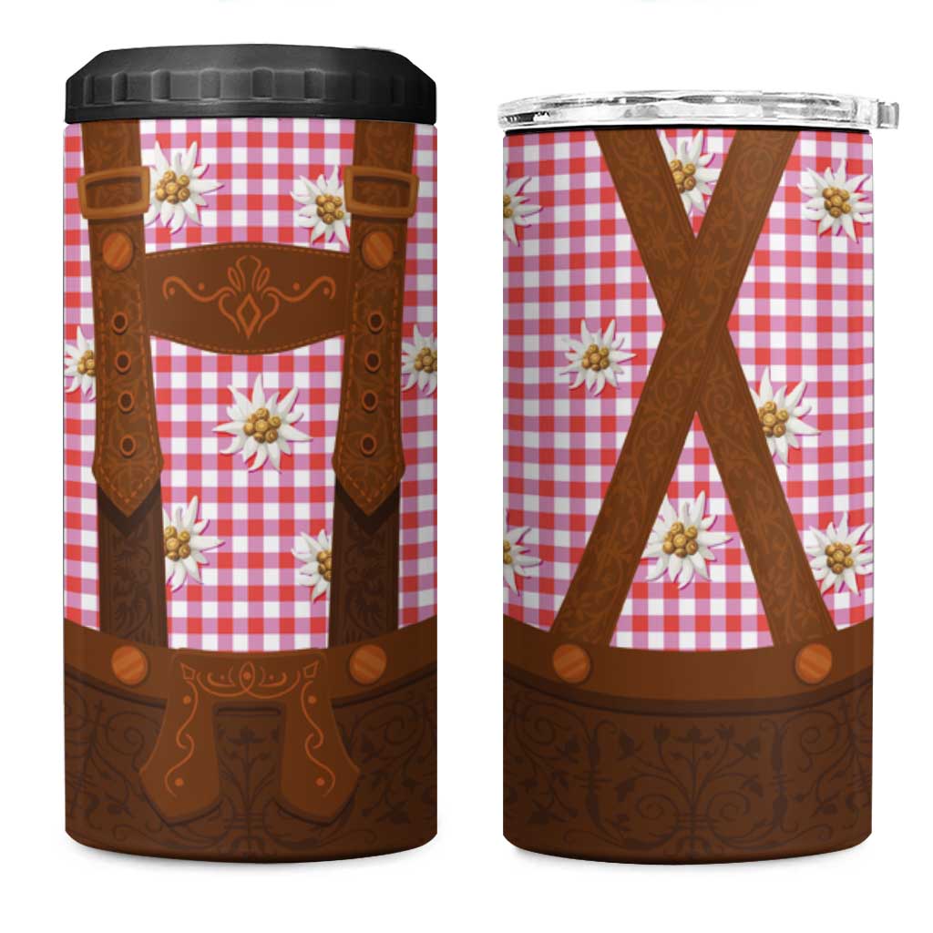 Traditional German Costume - Lederhosen 4 in 1 Can Cooler Tumbler Red Plaid Pattern with Edelweiss Flowers - Wonder Print Shop