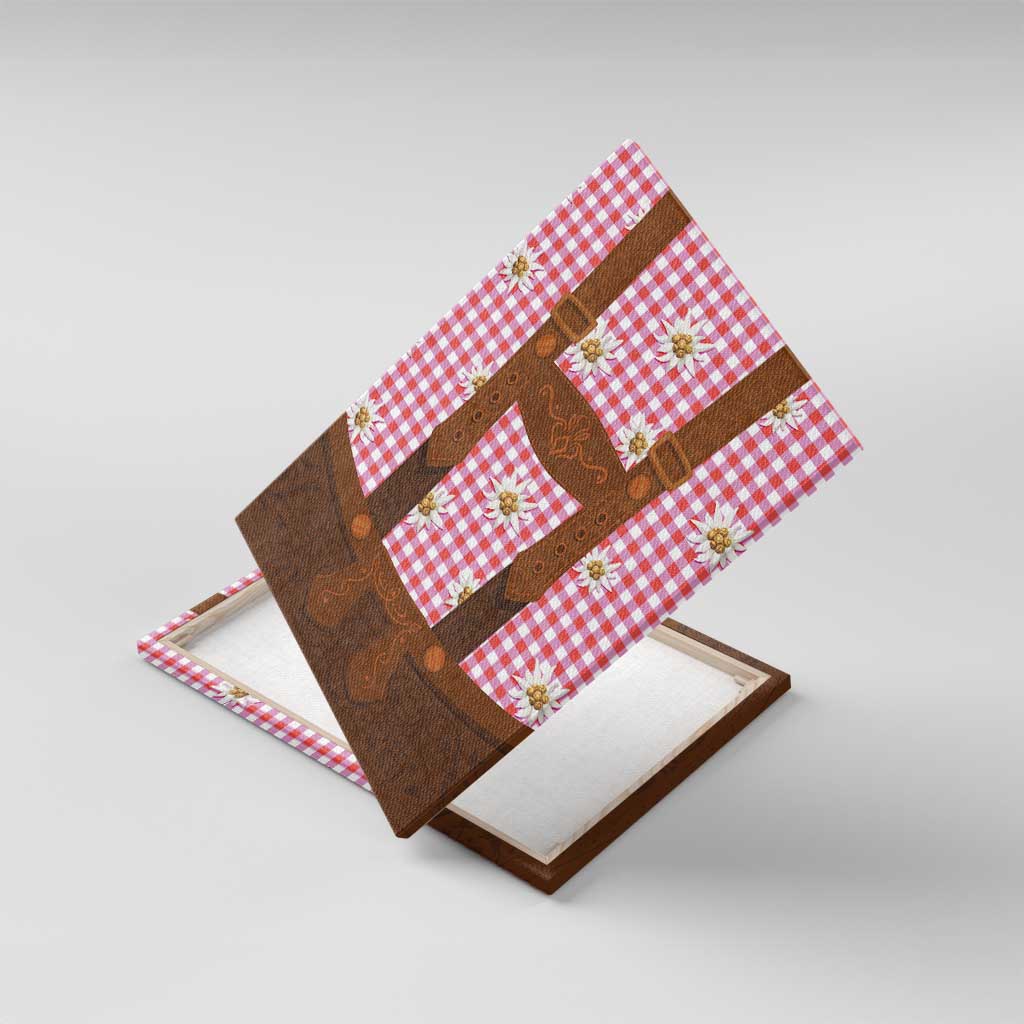 Traditional German Costume - Lederhosen Canvas Wall Art Red Plaid Pattern with Edelweiss Flowers - Wonder Print Shop