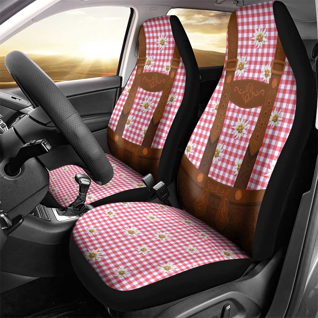 Traditional German Costume - Lederhosen Car Seat Cover Red Plaid Pattern with Edelweiss Flowers - Wonder Print Shop