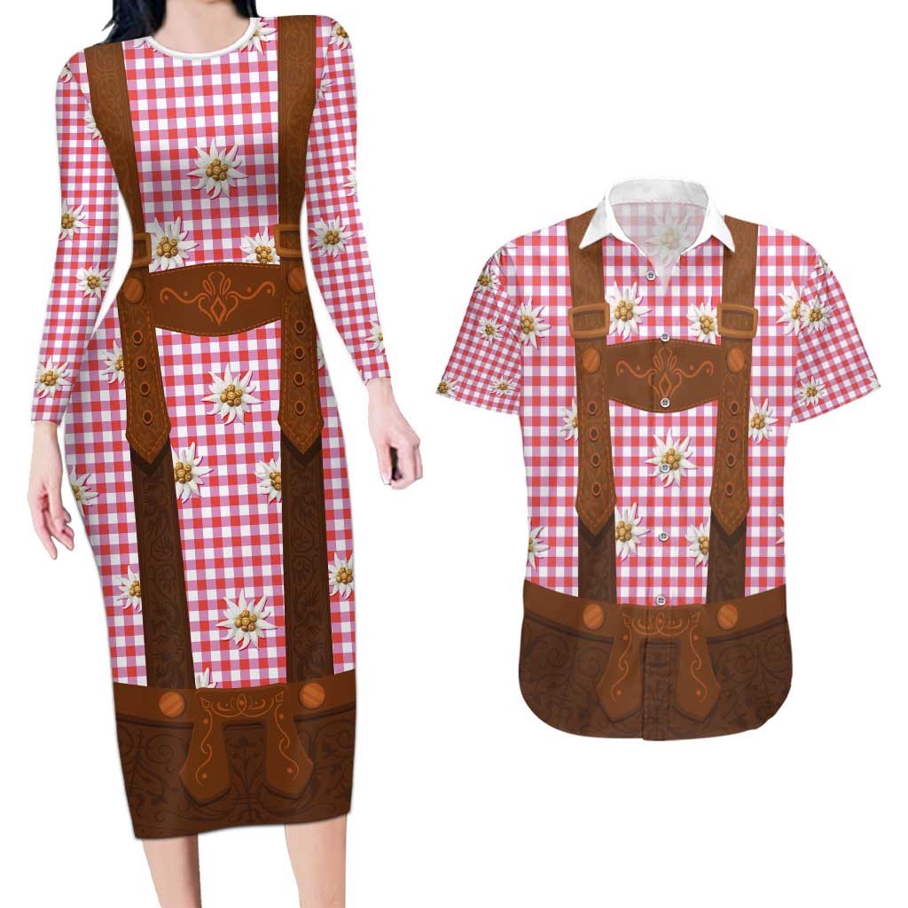 Traditional German Costume - Lederhosen Couples Matching Long Sleeve Bodycon Dress and Hawaiian Shirt Red Plaid Pattern with Edelweiss Flowers