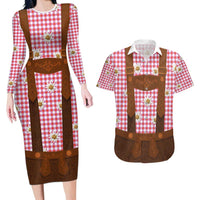 Traditional German Costume - Lederhosen Couples Matching Long Sleeve Bodycon Dress and Hawaiian Shirt Red Plaid Pattern with Edelweiss Flowers