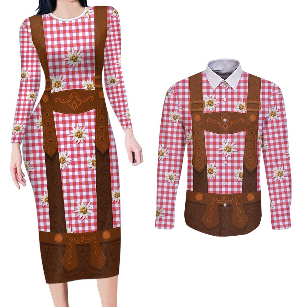 Traditional German Costume - Lederhosen Couples Matching Long Sleeve Bodycon Dress and Long Sleeve Button Shirt Red Plaid Pattern with Edelweiss Flowers