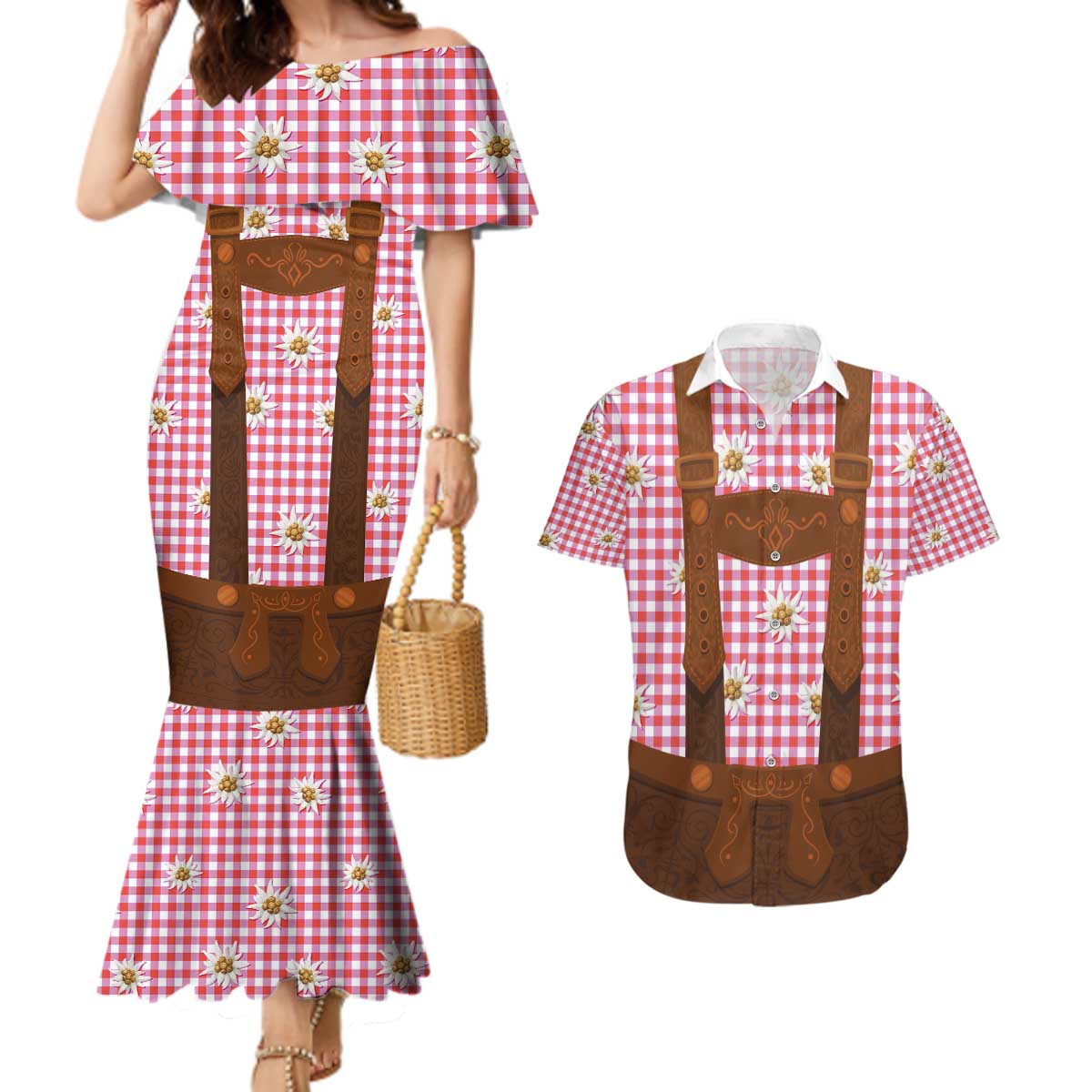 Traditional German Costume - Lederhosen Couples Matching Mermaid Dress and Hawaiian Shirt Red Plaid Pattern with Edelweiss Flowers