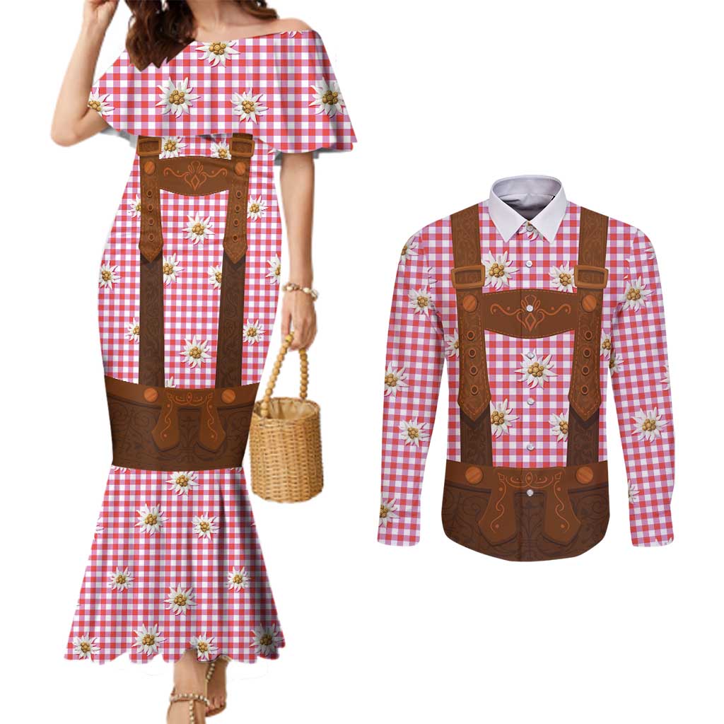 Traditional German Costume - Lederhosen Couples Matching Mermaid Dress and Long Sleeve Button Shirt Red Plaid Pattern with Edelweiss Flowers