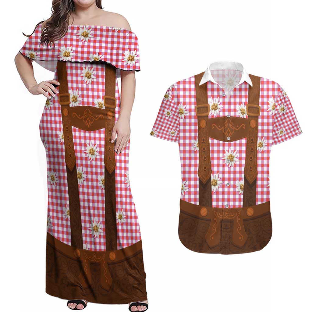 Traditional German Costume - Lederhosen Couples Matching Off Shoulder Maxi Dress and Hawaiian Shirt Red Plaid Pattern with Edelweiss Flowers
