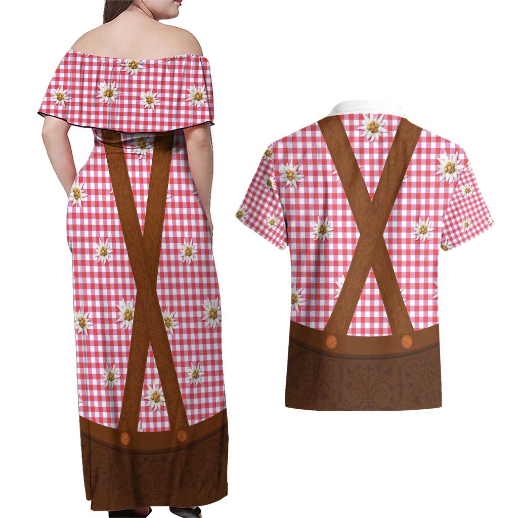 Traditional German Costume - Lederhosen Couples Matching Off Shoulder Maxi Dress and Hawaiian Shirt Red Plaid Pattern with Edelweiss Flowers