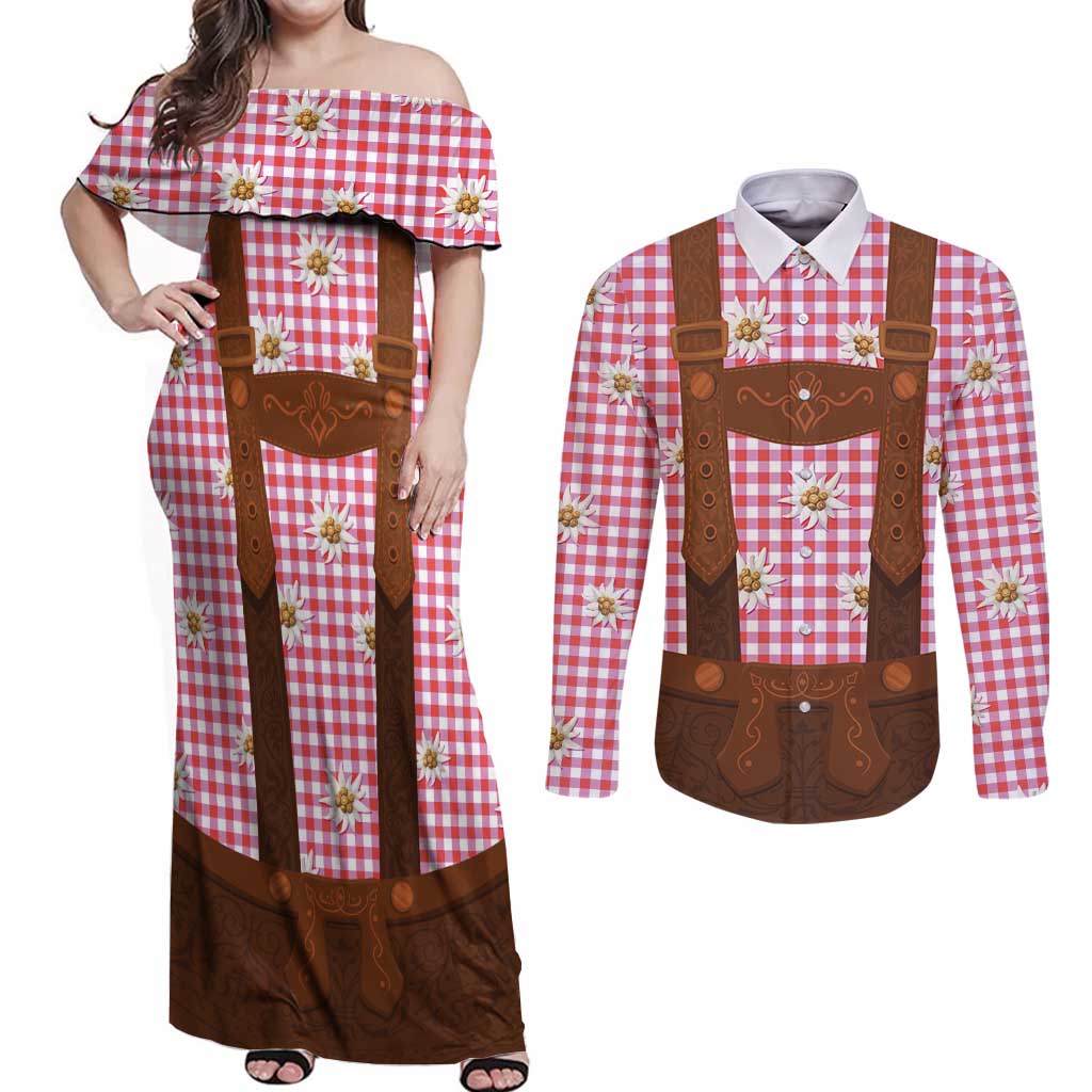 Traditional German Costume - Lederhosen Couples Matching Off Shoulder Maxi Dress and Long Sleeve Button Shirt Red Plaid Pattern with Edelweiss Flowers