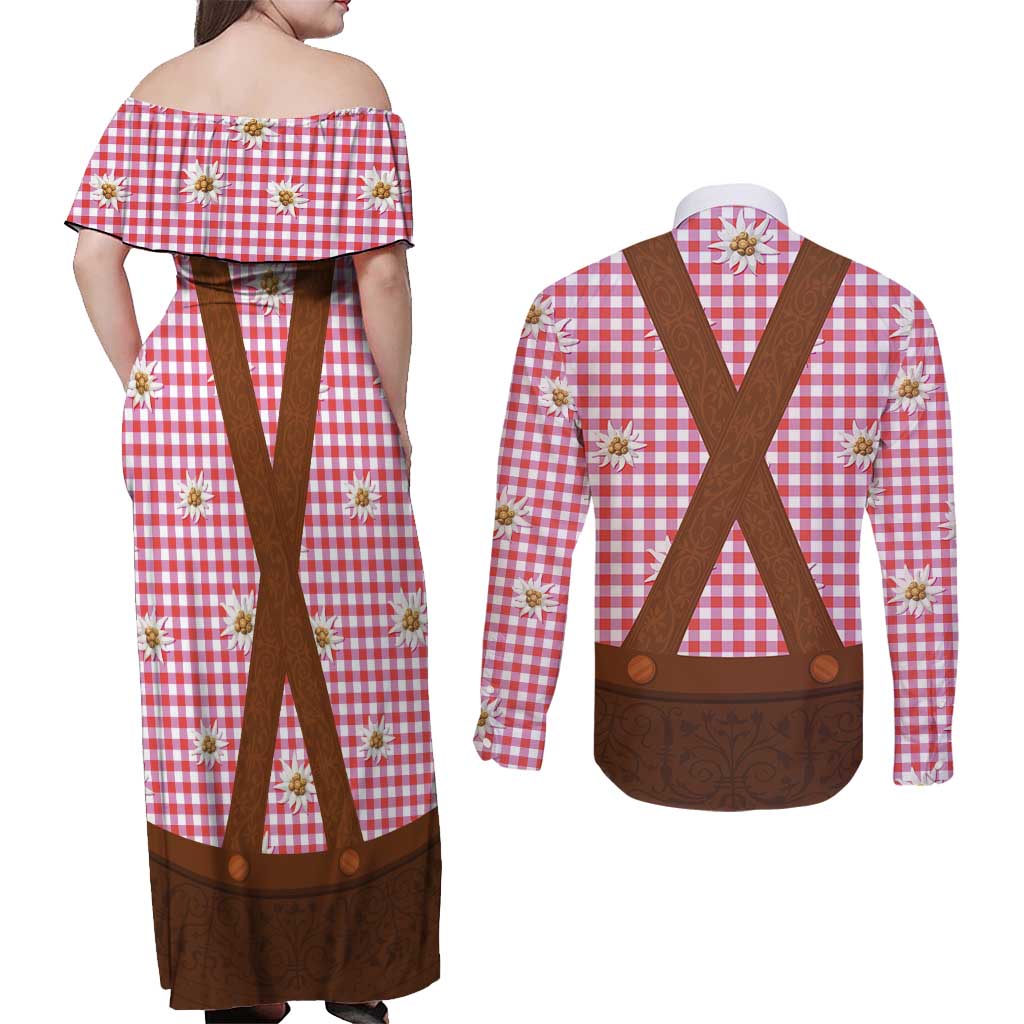 Traditional German Costume - Lederhosen Couples Matching Off Shoulder Maxi Dress and Long Sleeve Button Shirt Red Plaid Pattern with Edelweiss Flowers