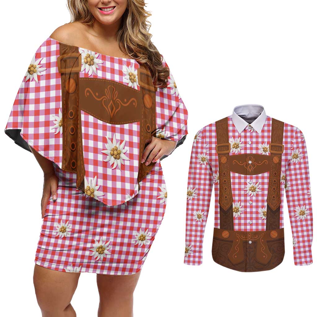 Traditional German Costume - Lederhosen Couples Matching Off Shoulder Short Dress and Long Sleeve Button Shirt Red Plaid Pattern with Edelweiss Flowers