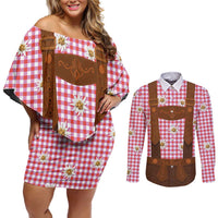 Traditional German Costume - Lederhosen Couples Matching Off Shoulder Short Dress and Long Sleeve Button Shirt Red Plaid Pattern with Edelweiss Flowers