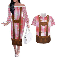 Traditional German Costume - Lederhosen Couples Matching Off The Shoulder Long Sleeve Dress and Hawaiian Shirt Red Plaid Pattern with Edelweiss Flowers