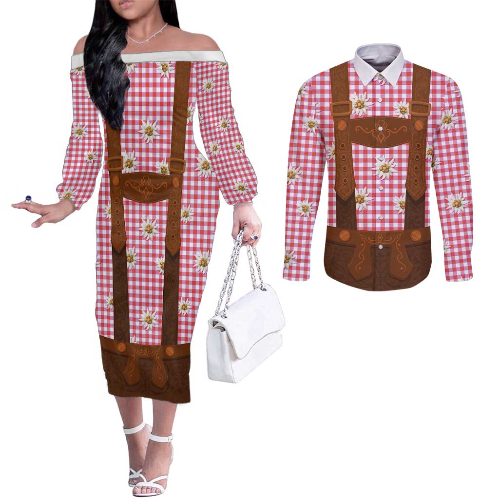 Traditional German Costume - Lederhosen Couples Matching Off The Shoulder Long Sleeve Dress and Long Sleeve Button Shirt Red Plaid Pattern with Edelweiss Flowers