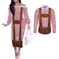 Traditional German Costume - Lederhosen Couples Matching Off The Shoulder Long Sleeve Dress and Long Sleeve Button Shirt Red Plaid Pattern with Edelweiss Flowers