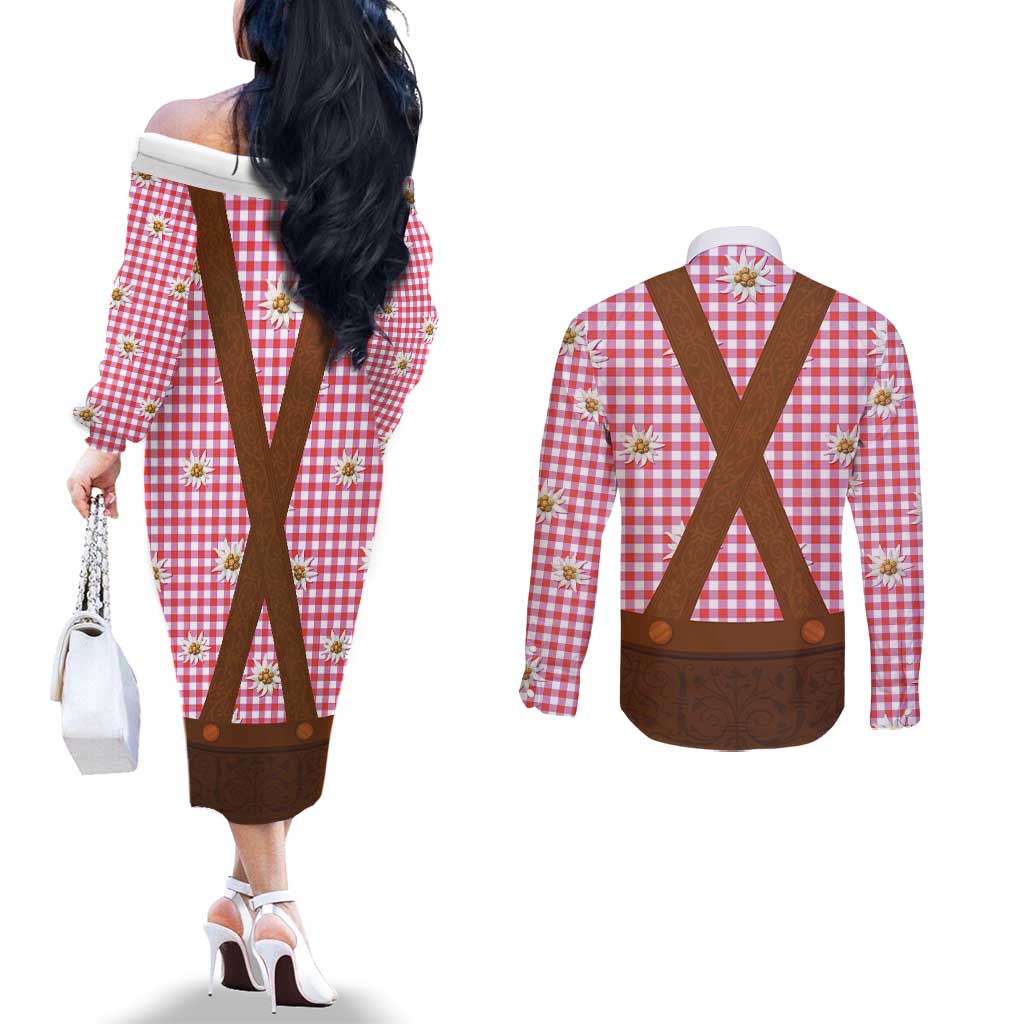 Traditional German Costume - Lederhosen Couples Matching Off The Shoulder Long Sleeve Dress and Long Sleeve Button Shirt Red Plaid Pattern with Edelweiss Flowers