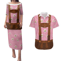 Traditional German Costume - Lederhosen Couples Matching Puletasi and Hawaiian Shirt Red Plaid Pattern with Edelweiss Flowers